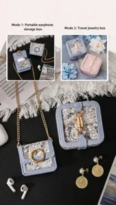 Vintage jacquard mini headphone bag and luxury travel jewelry storage box set with gold chain.