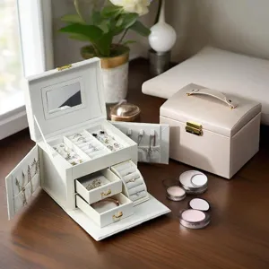 Large Capacity PU Leather Jewelry Box With Mirror And Drawers Portable Travel Jewelry Organizer Rings Necklace Storage