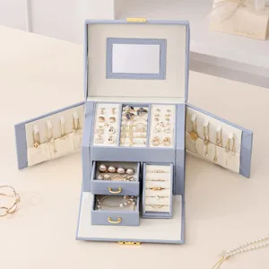 Large capacity jewelry box with mirror, PU leather travel storage organizer for rings earrings