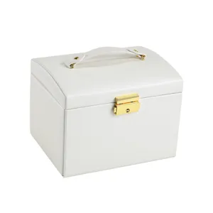 White PU leather jewelry box with golden lock and handle for rings earrings storage.