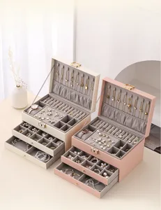 Multi-functional leather multi-layer drawer jewelry box, large capacity for rings and necklaces.