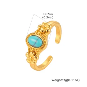 Women 18K gold stainless steel turquoise flower open ring fashion jewelry detail view