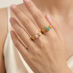 Vintage 18K Gold Plated Stainless Steel Open Ring For Women Engraved Flower Natural Stone Rose Quartz Turquoise Fashion Jewelry Ring