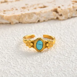 Gold stainless steel turquoise flower open ring for women, vintage style adjustable fashion jewelry.
