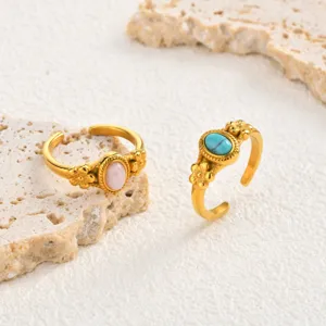Women stainless steel open ring 18k gold plated natural stone flower fashion jewelry
