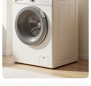 Front load washing machine detail view, modern white home appliance with clear glass door.