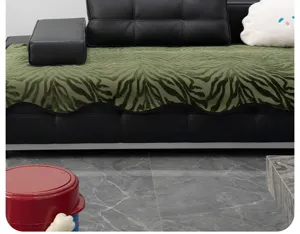 Modern minimalist chenille sofa mat, olive green zebra stripe detail shot for living room.