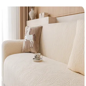 Beige jacquard velvet sofa slipcover, stretchy universal couch protector for all seasons.