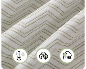 Close-up detail of cooling sofa towel fabric texture with chevron pattern and function icons.
