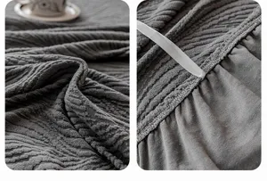 Detailed view of grey jacquard plush sofa cover texture, showing soft fabric and elastic band.