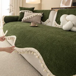 Chenille Sofa Cushion Retro Green Herringbone Couch Cover With Tassels Anti Slip Living Room Furniture Protector Pad
