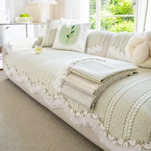 Summer Cooling Ice Silk Sofa Cushion Cover Anti-Slip Mat Minimalist Floral Lace Trim Living Room Furniture Protector
