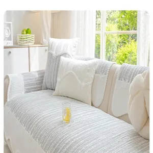 Modern grey and white striped ice silk sofa cover set, breathable summer anti-slip cushion protector.