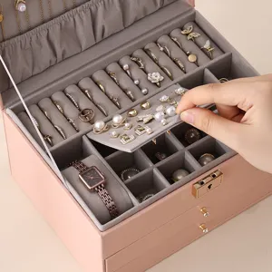 Pink multi layer jewelry box large capacity storage organizer with lock for rings necklaces