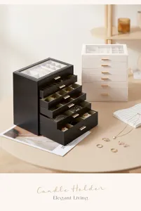 Portagioie multilivello con finestra in vetro, elegante organizer per collane, anelli e orologi.
