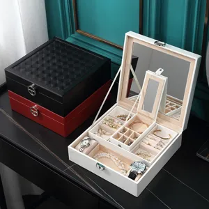 Grande portagioie in pelle PU con specchio, organizzatore multilivello per orologi e collane.