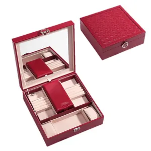 Portagioie in pelle PU rossa grande contenitore con specchio e scomparti per anelli
