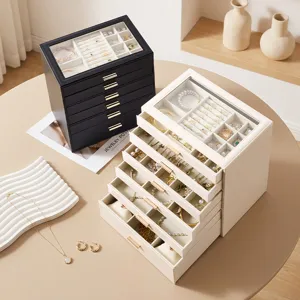 Portagioie multistrato con coperchio in vetro pelle organizer per anelli orecchini