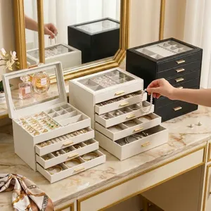 Portagioie in Pelle PU Premium Finestra Trasparente Cassetto a Più Livelli Collana Anello Orologio Custodia Organizzatore Regalo per Donna