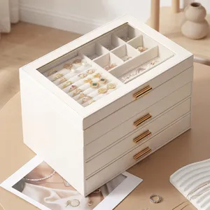 4-layer glass lid jewelry box cream white leather storage organizer for rings necklaces