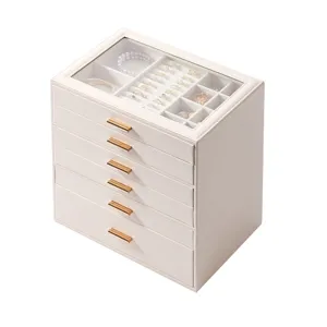 Portagioie multistrato con coperchio in vetro e cassetti, organizer in pelle PU per anelli.