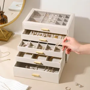 Large capacity multi-layer jewelry box with glass window, premium leather storage case.