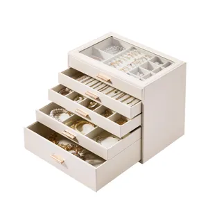 Large capacity jewelry box with glass lid multi layer drawer organizer for rings and necklaces