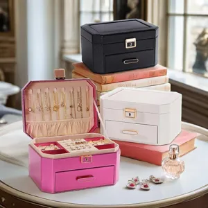 PU leather jewelry box double layer storage organizer for necklaces rings earrings display case