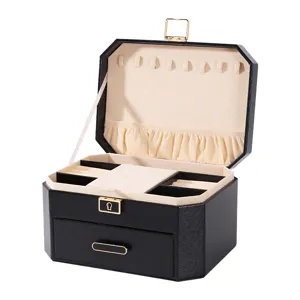 Black PU leather jewelry box with multi-layer storage, necklace hooks, and drawer for rings.