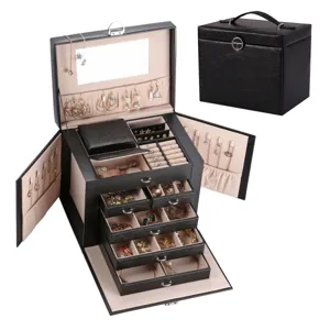 Elegante portagioie nero in ecopelle PU di grande capacità con cassetti e specchio.