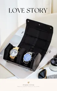 Portable double watch travel roll storage box in black velvet, elegant jewelry organizer case.