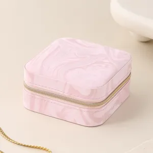 Pink marble pattern travel jewelry box portable PU leather zipper organizer for rings earrings necklace