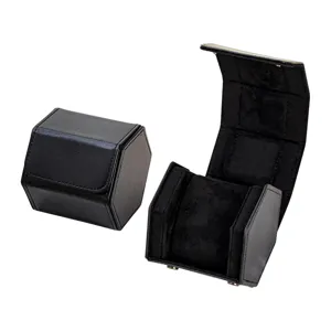 Black hexagonal travel watch box with velvet interior, portable leather watch storage case.