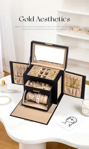 Grande portagioie con cassetti e specchio, organizer in pelle nera per anelli e collane.