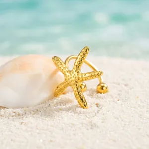 Goldener Edelstahl Seestern Ohrklemme Detailansicht, minimalistischer Strand Stil Schmuck