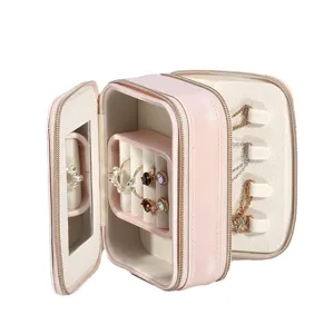 Pink double layer travel jewelry box with mirror ring slots portable mini makeup storage case