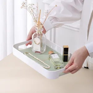 Nordic style white plastic leather storage tray, elegant desktop organizer for living room.