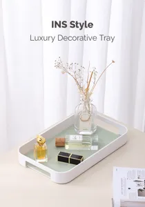 Nordic luxury style decorative tray, white plastic frame with green leather pad for home decor.