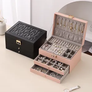Large Capacity Double Layer PU Leather Jewelry Box Quilted Jewelry Organizer Case with Metal Lock for Necklaces Earrings Rings Women Jewelry Storage