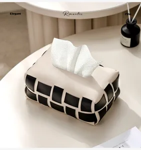 Luxury leather woven tissue box, checkerboard home decor tissue holder for living room bedroom.