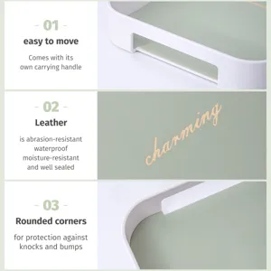 Nordic style plastic leather storage tray detail, featuring handles and waterproof surface.