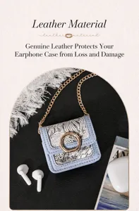 Portable leather earphone storage case with chain strap and retro jacquard design for travel.
