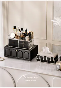 Multi-layer acrylic makeup and jewelry storage box with luxury black drawer design for home.