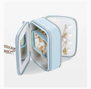 Tragbare Reise Schmuckschatulle mit Spiegel, doppellagiger PU Leder Ketten Organizer.