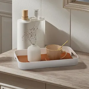 Nordic style plastic leather storage tray detail showcasing white frame and brown inner pad.