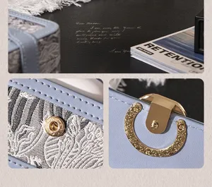 Portable vintage jacquard storage box headphone case with golden hardware and blue leather.