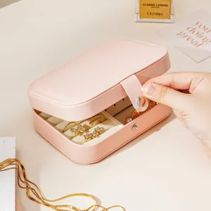 Pink PU leather travel jewelry box portable ring necklace organizer for women daily storage