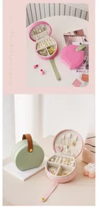 Portable round travel jewelry box for necklaces rings earrings, cute PU leather storage bag.