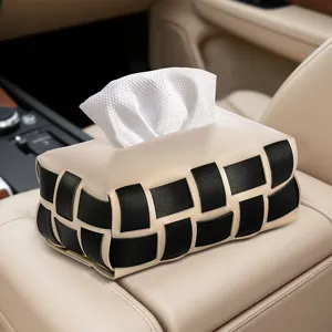 Luxury Checkerboard Woven Leather Tissue Box Modern Minimalist Decorative Tissue Box Cover Holder For Home Car Living Room Office Entryway Desk Organizer