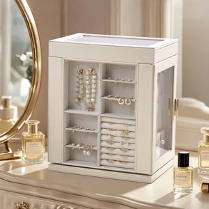 Coffre à Bijoux Multi Couches Rotatif en Cuir Grande Capacité Vitrine Fenêtre en Verre Boîte de Rangement Organisateur pour Colliers Bagues Boucles d'Oreilles pour Femmes